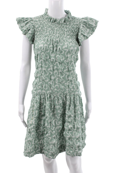 Sea New York Women Mini Floral High Neck Short Sleeve Dress Green Size L