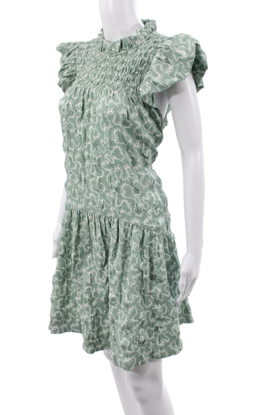 Sea New York Women Mini Floral High Neck Short Sleeve Dress Green Size L