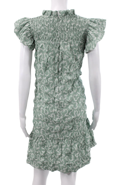 Sea New York Women Mini Floral High Neck Short Sleeve Dress Green Size L