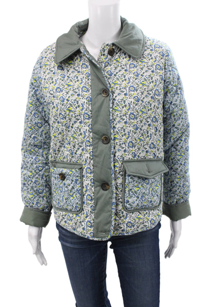 Boden Women Quilted Floral Cotton Blue Jacket Button Front Size 2