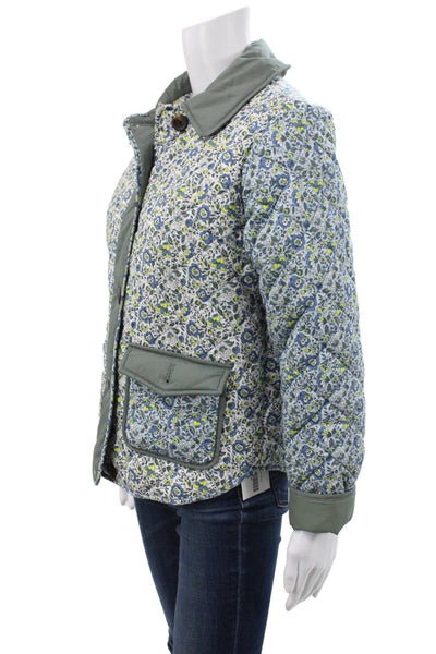 Boden Women Quilted Floral Cotton Blue Jacket Button Front Size 2