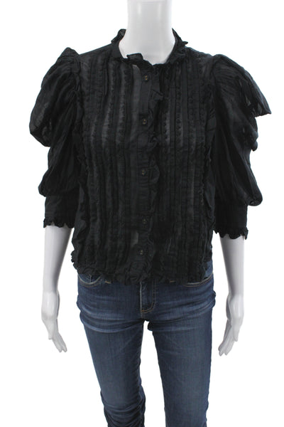 Farm Rio Women Cropped Blouse Black Collared 3/4 Sleeve Cotton Size 2XS