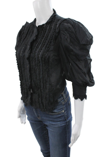 Farm Rio Women Cropped Blouse Black Collared 3/4 Sleeve Cotton Size 2XS