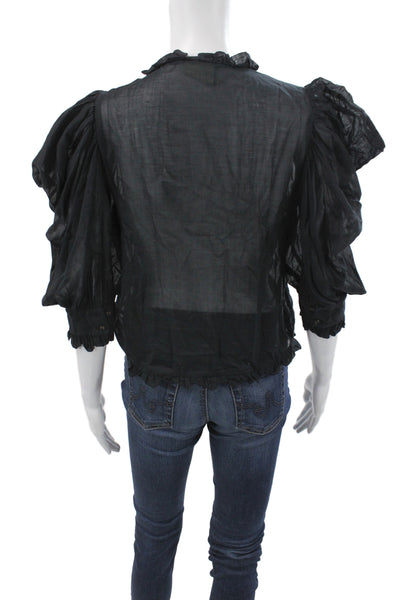 Farm Rio Women Cropped Blouse Black Collared 3/4 Sleeve Cotton Size 2XS