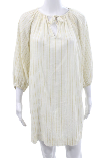 Unsubscribed Womens Shift Dress Ivory Striped V-Neck Tie 3/4 Sleeve Size 2XS