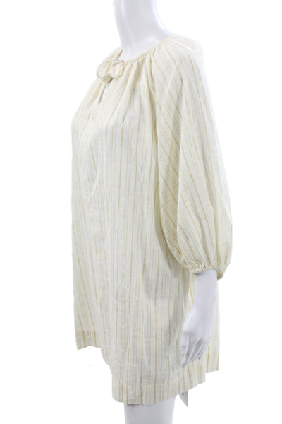 Unsubscribed Womens Shift Dress Ivory Striped V-Neck Tie 3/4 Sleeve Size 2XS