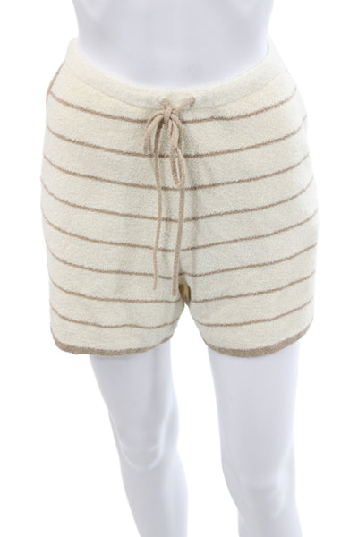 DH Women Sweat Shorts Beige Striped Drawstring 85% Cotton Casual Size M