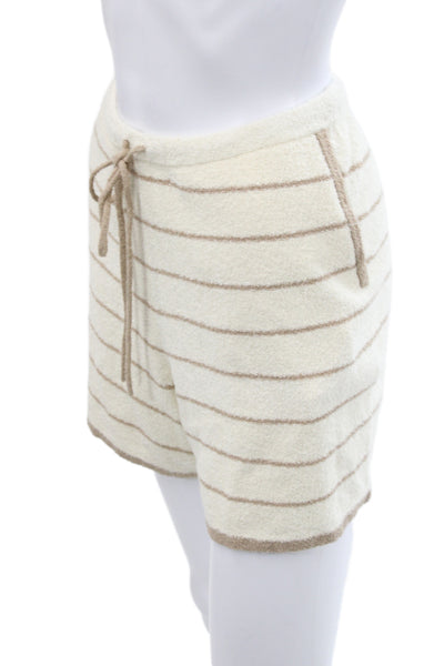DH Women Sweat Shorts Beige Striped Drawstring 85% Cotton Casual Size M