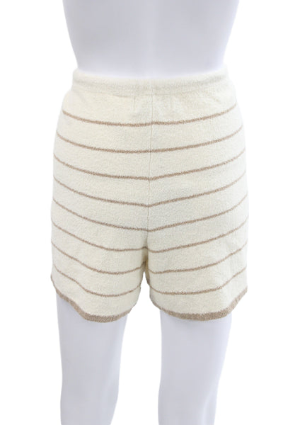 DH Women Sweat Shorts Beige Striped Drawstring 85% Cotton Casual Size M