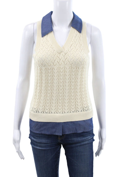 Central Park West Women Ivory Argyle Sleeveless Cotton Collared Vest Size XS