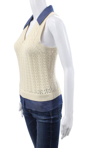 Central Park West Women Ivory Argyle Sleeveless Cotton Collared Vest Size XS