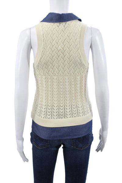 Central Park West Women Ivory Argyle Sleeveless Cotton Collared Vest Size XS