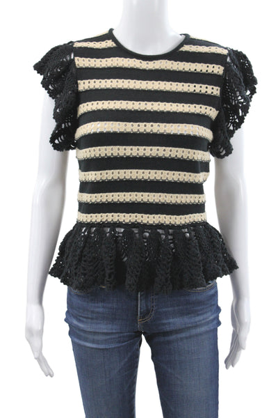 Rails Womens Boho Striped Pullover Sweater Black Short Sleeve Round Neck Size S