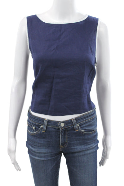 Bella Dahl Women Basic Linen Sleeveless Tank Blue Round Neck Button Size M
