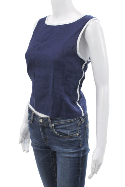 Bella Dahl Women Basic Linen Sleeveless Tank Blue Round Neck Button Size M