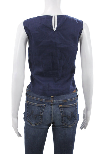 Bella Dahl Women Basic Linen Sleeveless Tank Blue Round Neck Button Size M