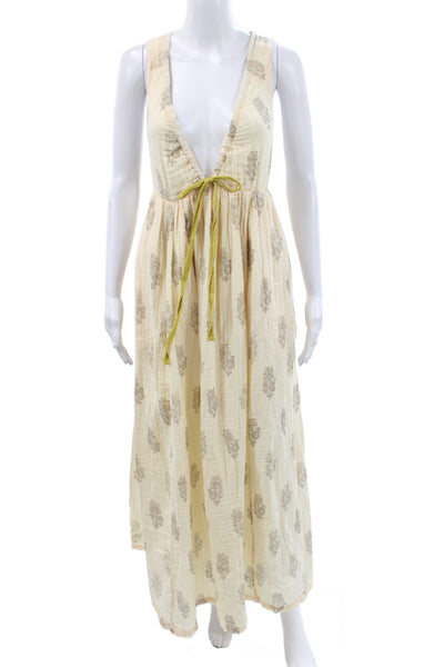 Free People Womens Maxi Floral V-Neck Sleeveless Boho Cotton Dress Ivory Size XS