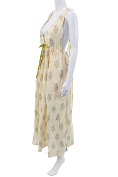 Free People Womens Maxi Floral V-Neck Sleeveless Boho Cotton Dress Ivory Size XS