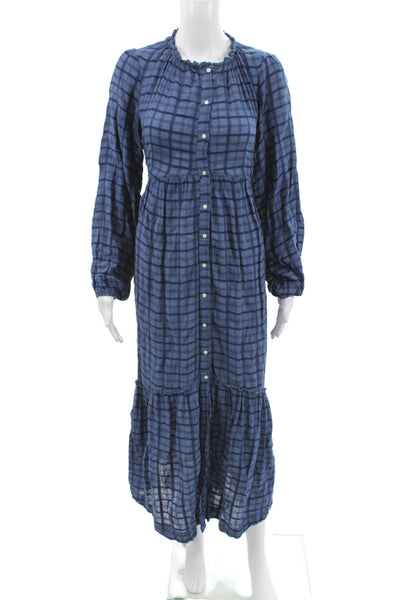 Free People Women Maxi Plaid Button Long Sleeve Dress Blue Size XS