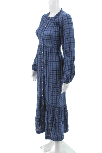 Free People Women Maxi Plaid Button Long Sleeve Dress Blue Size XS