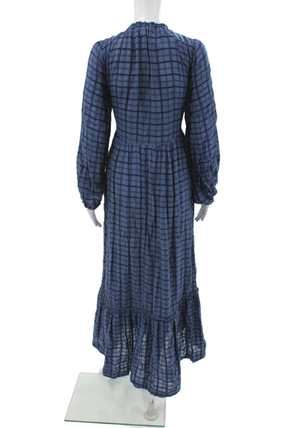 Free People Women Maxi Plaid Button Long Sleeve Dress Blue Size XS