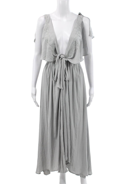 Free People Women Maxi Dress Gray Rayon V-Neck Tie Short Sleeve Size XS