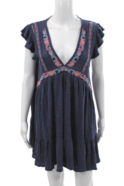Free People Womens Blue V Neck Mini Dress Short Sleeve Bohemian Size XS