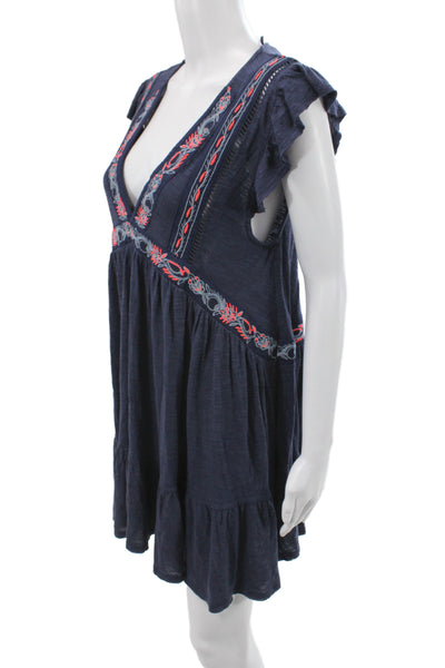 Free People Womens Blue V Neck Mini Dress Short Sleeve Bohemian Size XS