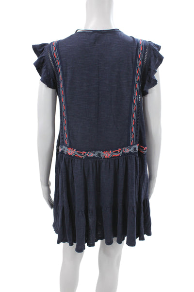 Free People Womens Blue V Neck Mini Dress Short Sleeve Bohemian Size XS