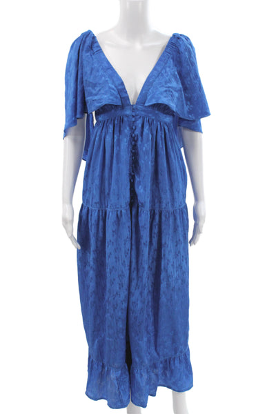 Free People Womens Maxi Dress Blue V-Neck Floral Button Short Sleeve Size XS