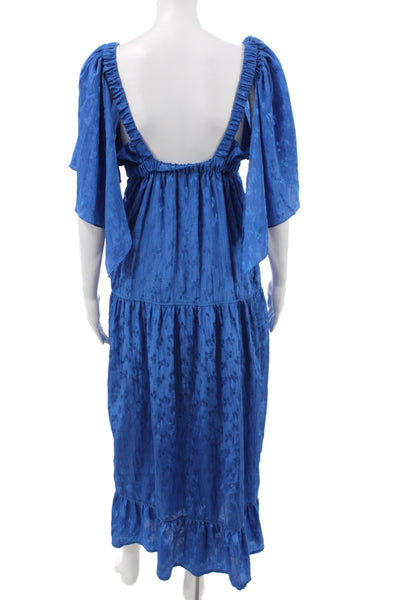 Free People Womens Maxi Dress Blue V-Neck Floral Button Short Sleeve Size XS
