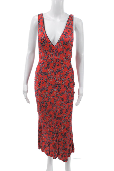 Free People Womens Maxi Dress Blue V-Neck Floral Button Short Sleeve Size XS