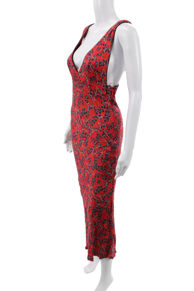 Free People Women Midi Floral V-Neck Sleeveless Red Viscose Dress Zip Size 0