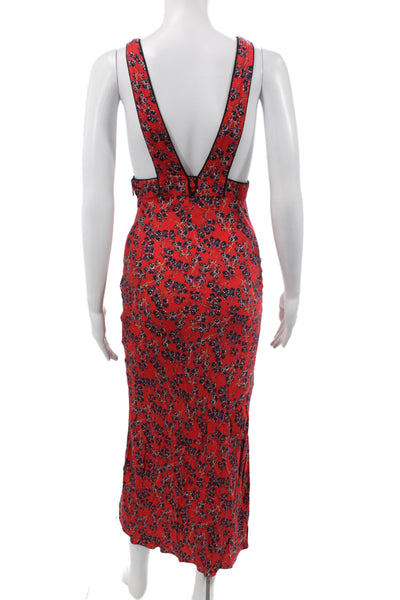 Free People Women Midi Floral V-Neck Sleeveless Red Viscose Dress Zip Size 0