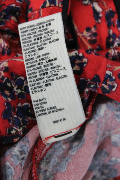 Free People Women Midi Floral V-Neck Sleeveless Red Viscose Dress Zip Size 0