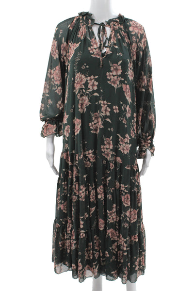 Free People Womens Maxi Floral Green Viscose Long Sleeve Tie Midi Dress Size XS
