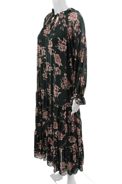 Free People Womens Maxi Floral Green Viscose Long Sleeve Tie Midi Dress Size XS