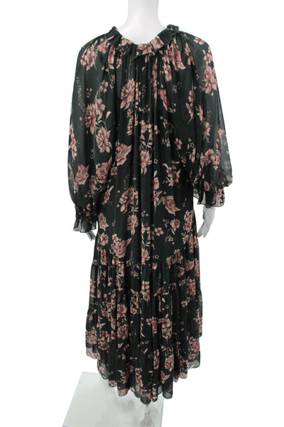 Free People Womens Maxi Floral Green Viscose Long Sleeve Tie Midi Dress Size XS