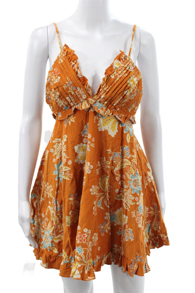 Free People Womens Floral Cotton V Neck Mini Dress Orange Sleeveless Size XS