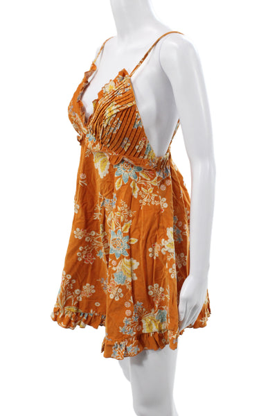 Free People Womens Floral Cotton V Neck Mini Dress Orange Sleeveless Size XS
