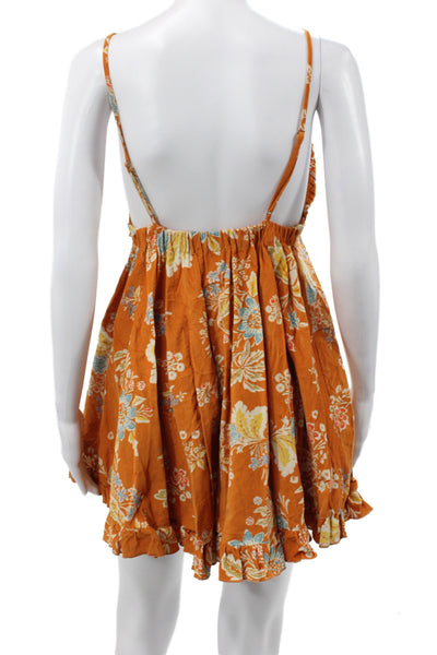 Free People Womens Floral Cotton V Neck Mini Dress Orange Sleeveless Size XS