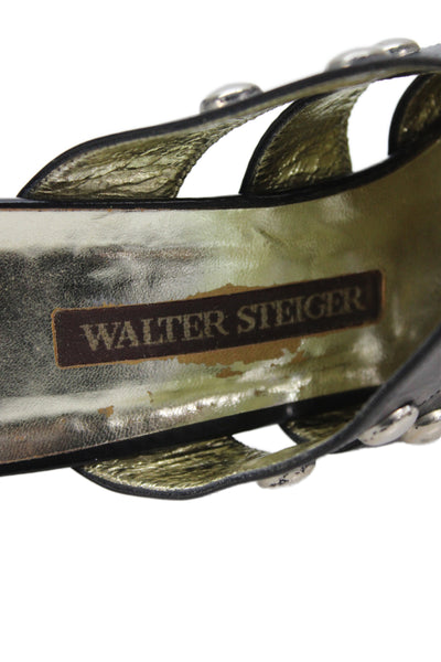 Walter Steiger Womans Leather Studded Heeled Mule Sandals Black Size 9