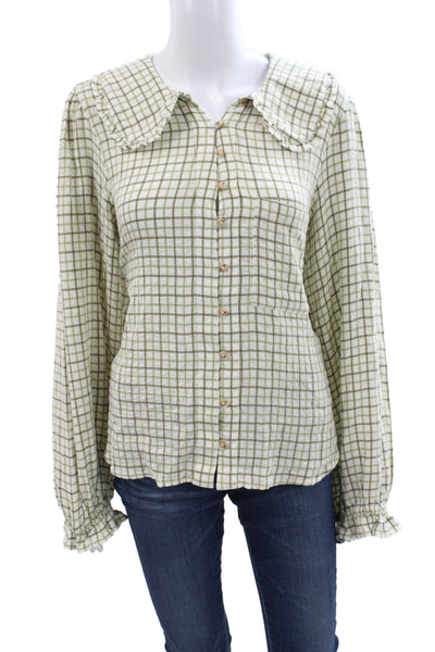 Pilcro Anthropologie Womens Collared Plaid Button Blouse Green Size L