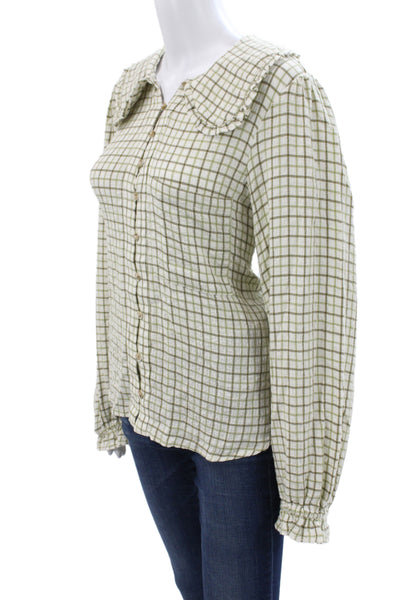 Pilcro Anthropologie Womens Collared Plaid Button Blouse Green Size L