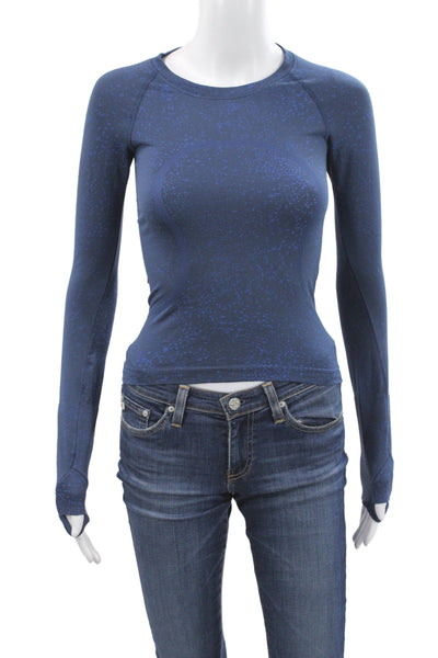 Lululemon Womens Pullover Tee Long Sleeve Crew Neck Blue Spotted Nylon Size 0