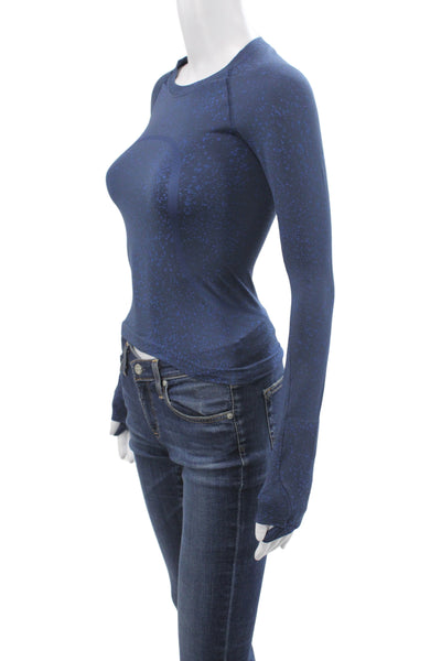 Lululemon Womens Pullover Tee Long Sleeve Crew Neck Blue Spotted Nylon Size 0