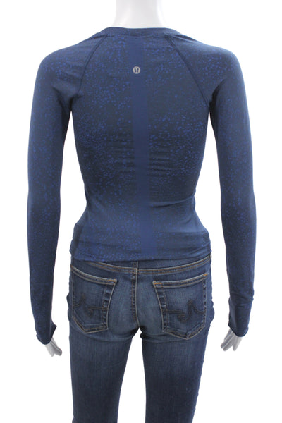 Lululemon Womens Pullover Tee Long Sleeve Crew Neck Blue Spotted Nylon Size 0