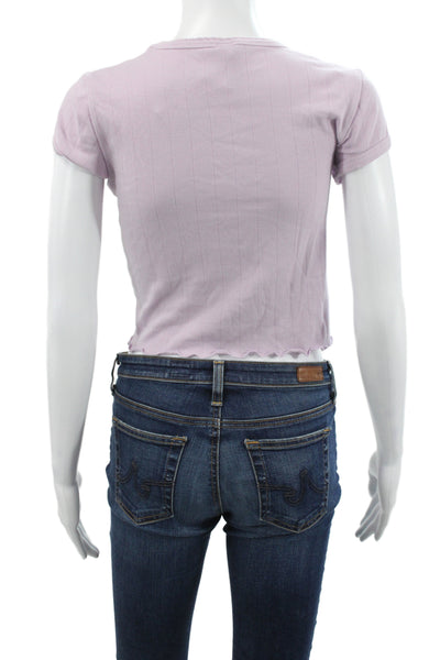 Skims Women Purple Striped Cropped T-Shirt Crew Neck Short Sleeve Size S