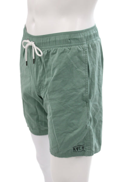 RVCA Mens Elastic Waistband Logo Lightweight Swim Trunks Green Size Small