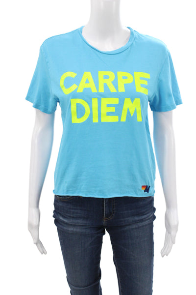 Aviator Nation Womens Cropped Blue Cotton Crew Neck Short Sleeve Tee Size S